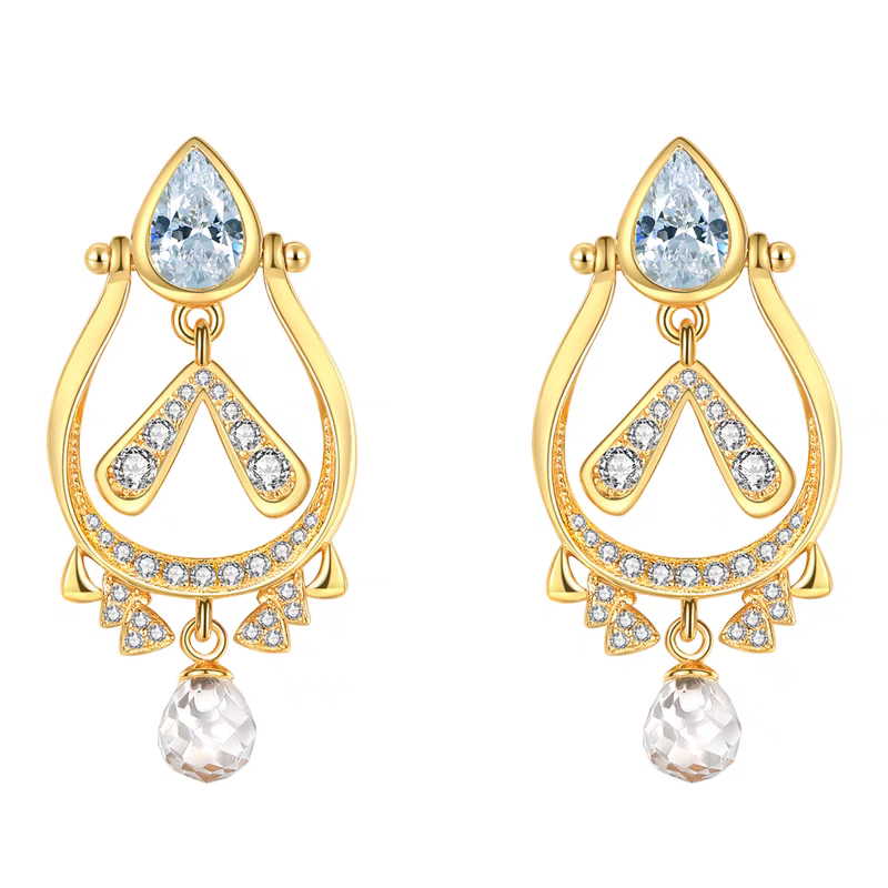 Pendientes BESHINE de conejito con diseño original, hechos a mano por Kemstone. Pendientes colgantes de plata de ley 925 bañados en oro con topacio azul cielo, cuarzo blanco y circonita cúbica. Un regalo de joyería alegre y brillante.