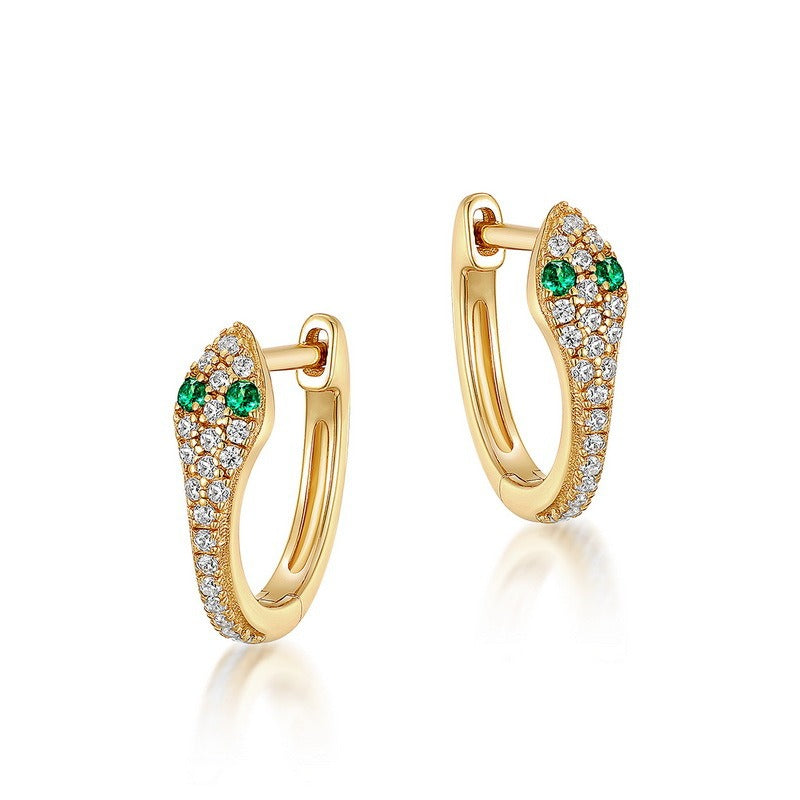 Pendientes de aro con diseño de serpiente, hechos a mano por Kemstone - Plata S925 con nanocircón verde y baño de oro de 9 quilates
