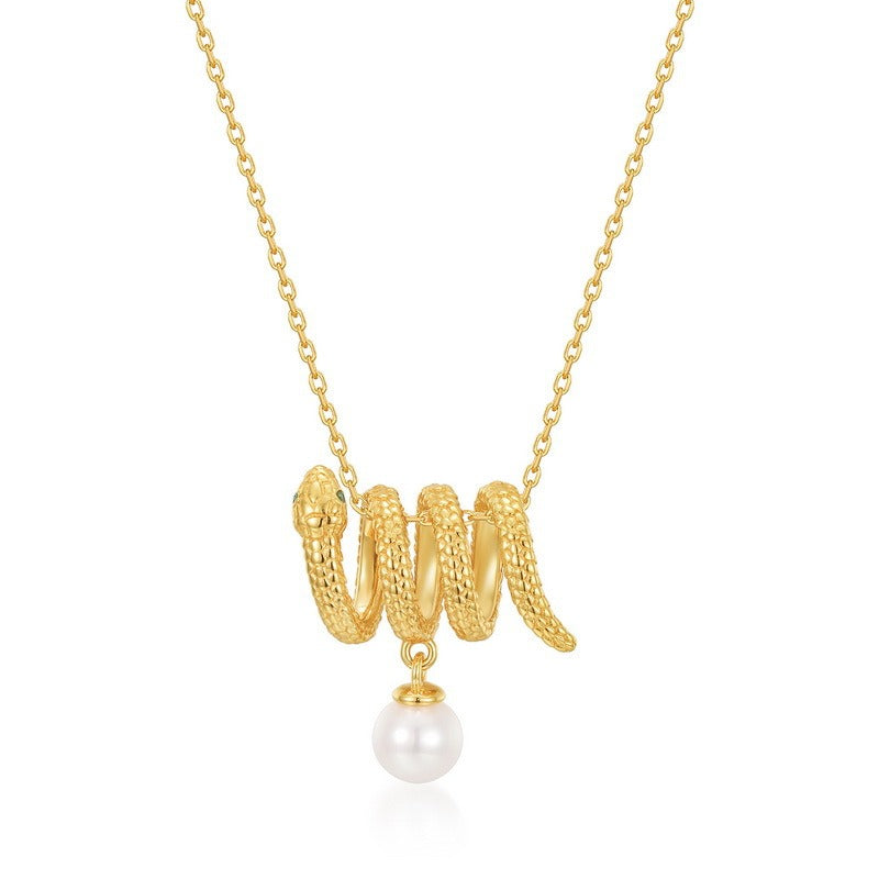 Collar elegante con colgante de serpiente y perla de agua dulce, diseño original y artesanal de Kemstone, plata de ley S925 para mujer, 45,7 cm