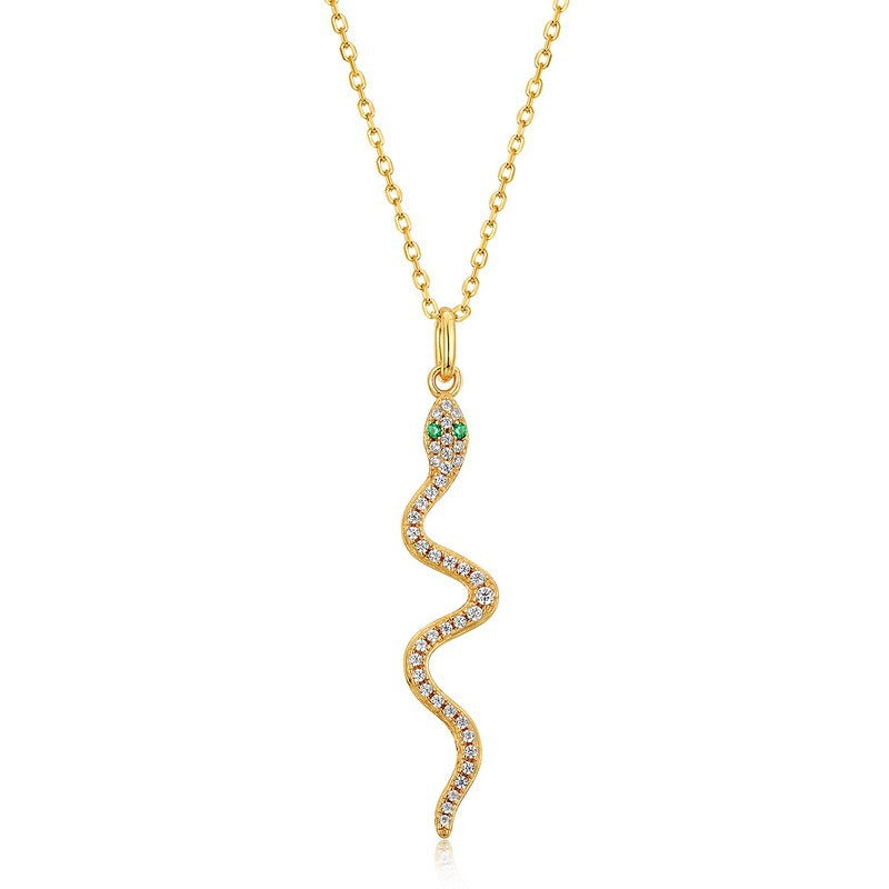 Collar con colgante de serpiente de diseño original hecho a mano por Kemstone - Plata S925 con nanocircón verde y baño de oro de 9 quilates, 45,7 cm
