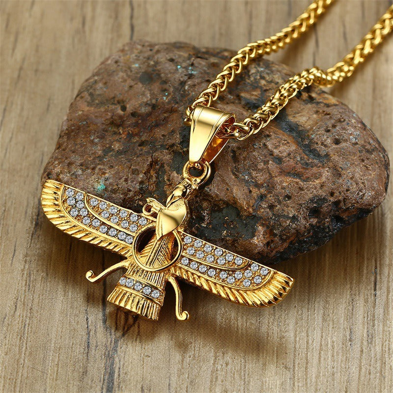 Kemstone Faravahar Titanium Steel Pendant Necklace – Zoroastrian Symbol with Crystal Accents PN1202