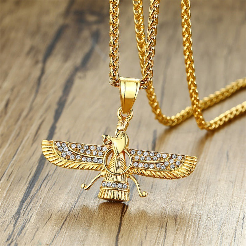 Kemstone Faravahar Titanium Steel Pendant Necklace – Zoroastrian Symbol with Crystal Accents PN1202