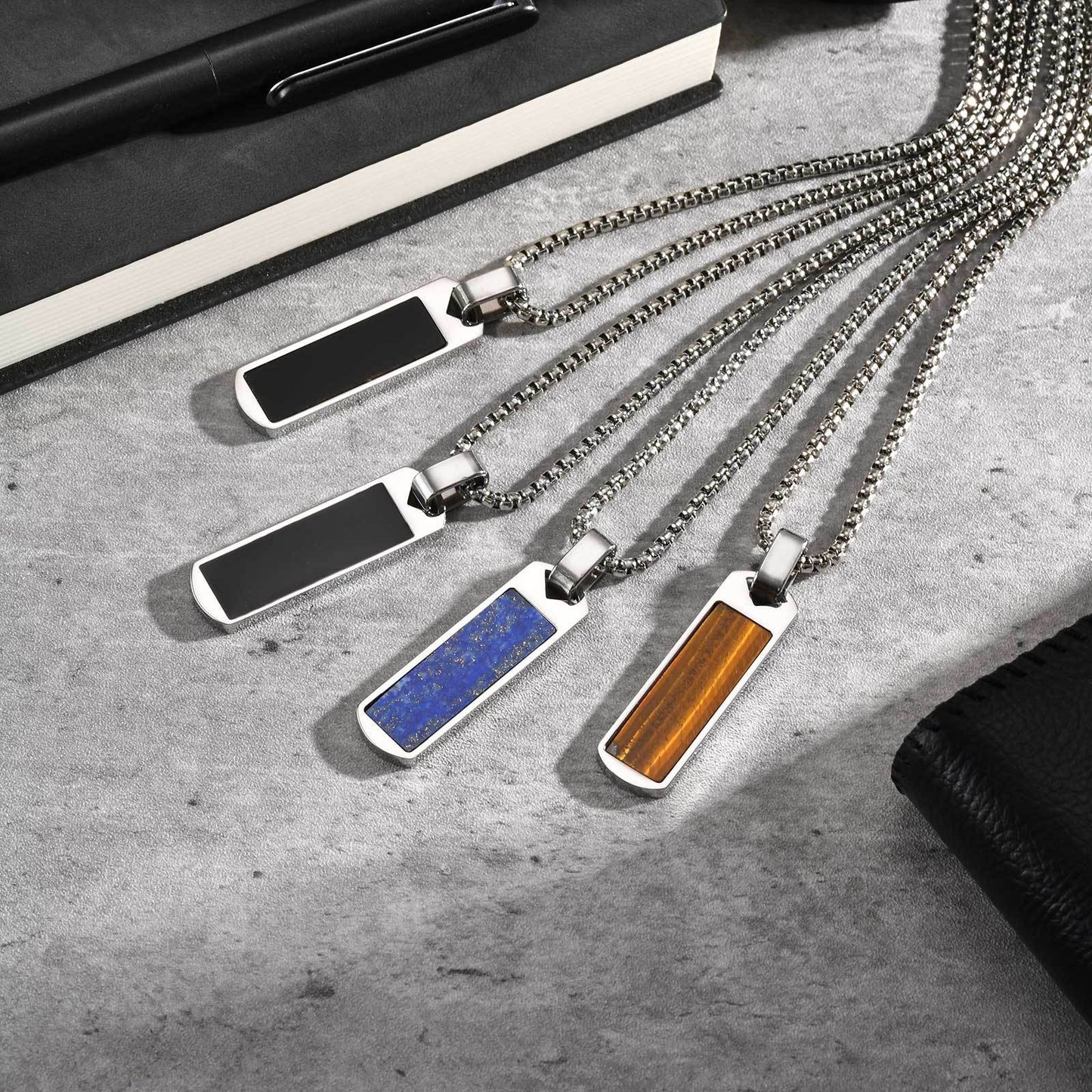 Kemstone Stainless Steel Rectangular Stone Pendant Necklace for Men Jewelry PN-1890