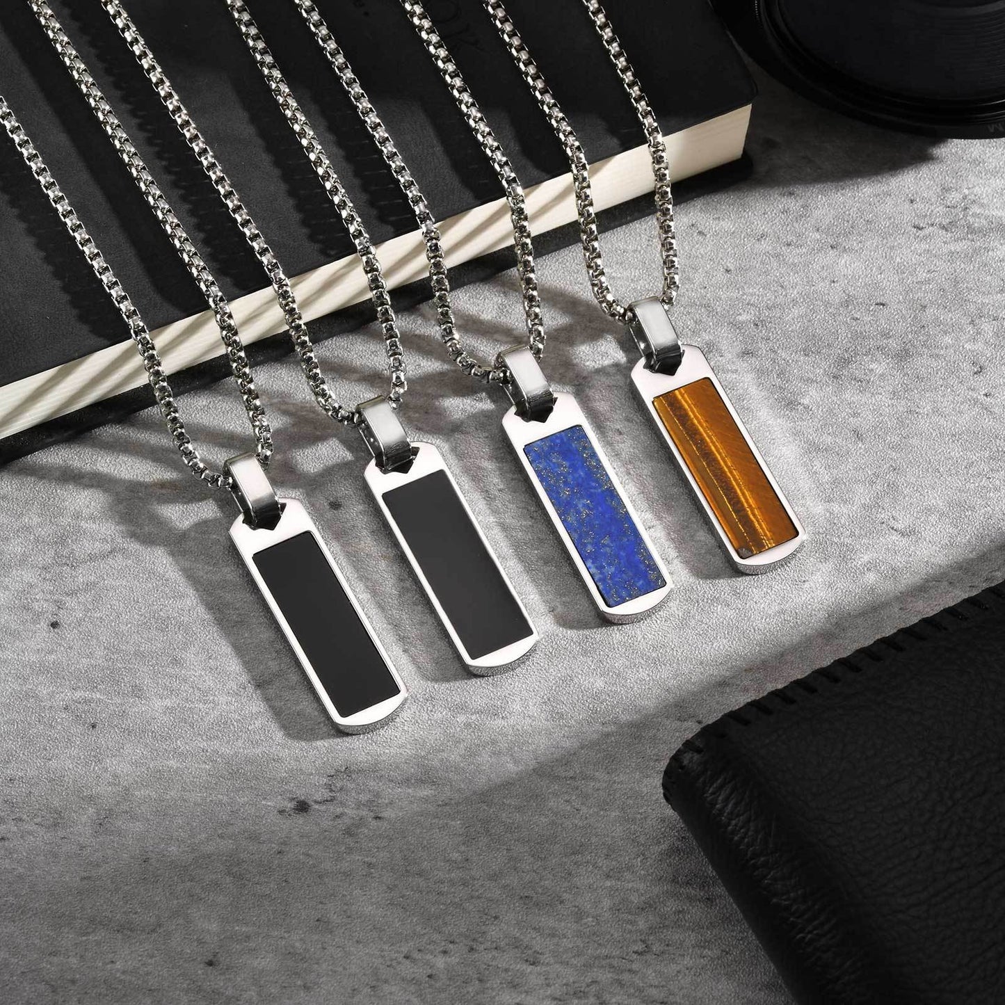 Kemstone Stainless Steel Rectangular Stone Pendant Necklace for Men Jewelry PN-1890