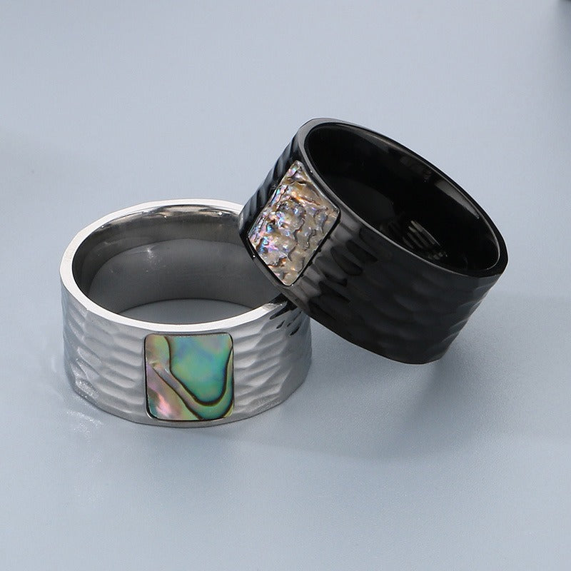 Kemstone Men’s Abalone Shell Ring – Hand-Hammered Stainless Steel Band KR110050