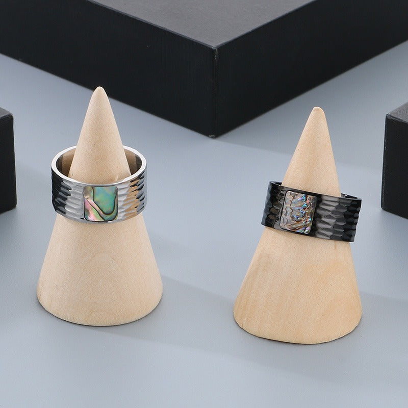 Kemstone Men’s Abalone Shell Ring – Hand-Hammered Stainless Steel Band KR110050