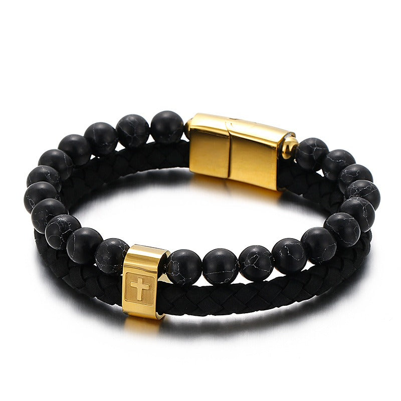 Bracciale da uomo in acciaio inossidabile Kemstone con croce in pelle e pietra turchese KB136651