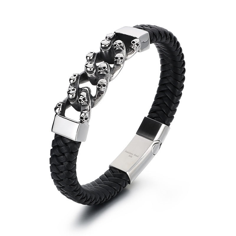 Kemstone Stainless Steel Skull Anchor Braided Leather Cuff Bracelet Punk Biker Style KB53392-K