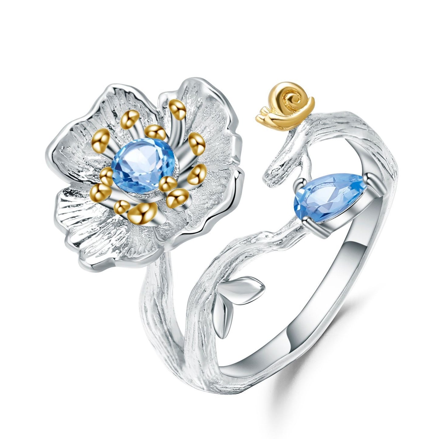 Anillo de flor de citrino natural, diseño original, hecho a mano por Kemstone, plata de ley 925. Anillo abierto de diseñador con diseño floral de topacio azul suizo.