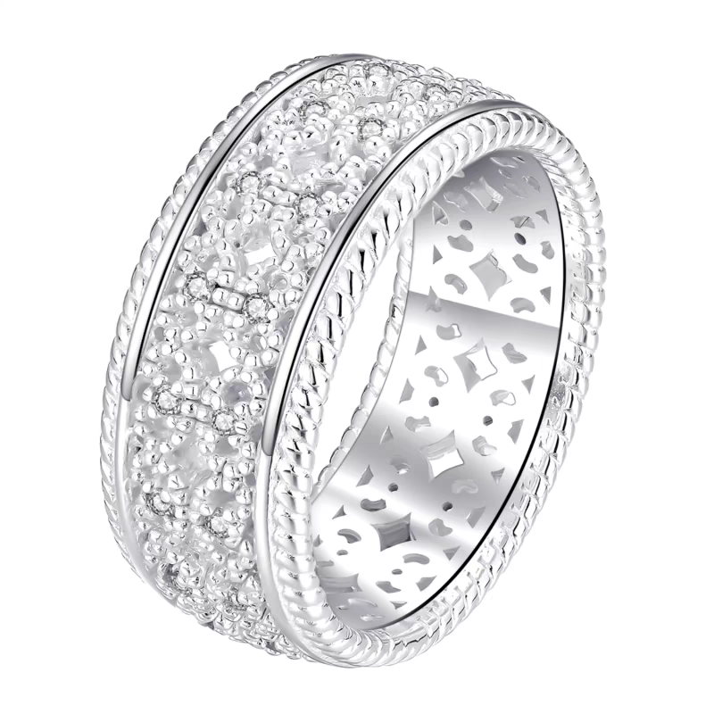 Anillo ligero tejido con diseño original artesanal de Kemstone: anillo vintage geométrico hueco inspirado en el encaje en plata de ley.