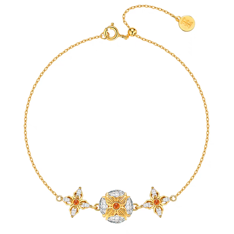 Pulsera de estrellas de la suerte con diseño original artesanal de Kemstone: pulsera vintage con dije de trébol, cristal y espesartita en plata de ley.