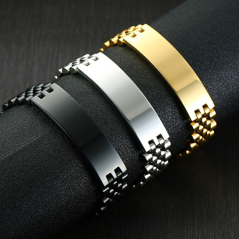 Kemstone Stainless Steel ID Bracelet – Heavy Chain 21.5cm, Gold/Silver/Black, High Polish Engraving Plate BR-697