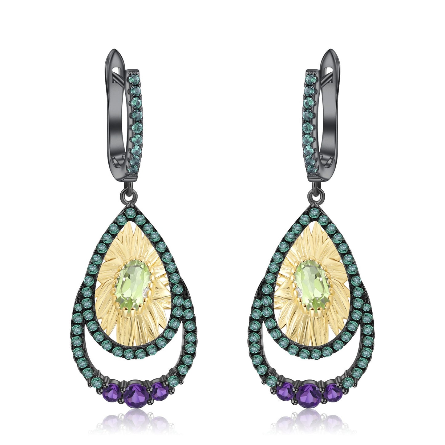 Pendientes de peridoto con diseño original de girasol, hechos a mano por Kemstone, plata de ley 925 con baño de oro, K24426E
