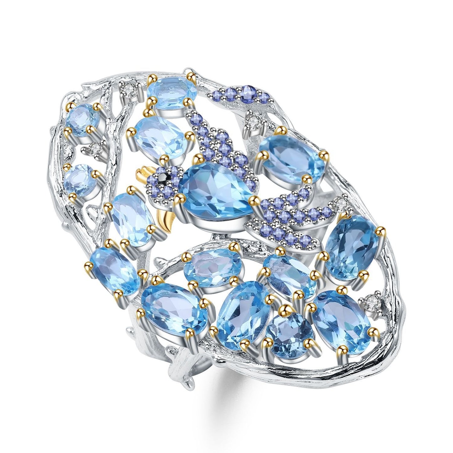 Anillo de plata de ley con diseño de nido de pájaro, bañado en oro y topacio azul suizo, hecho a mano por Kemstone, K245031R