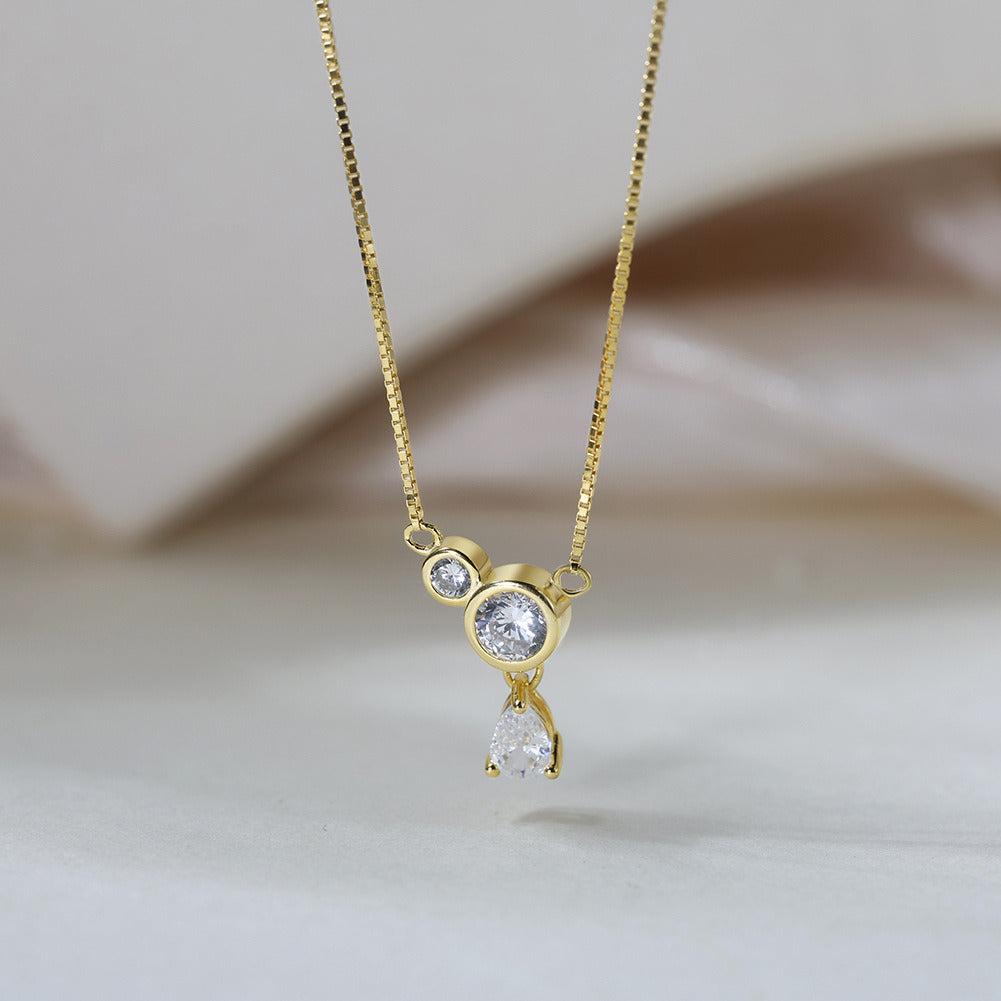 Kemstone S925 Sterling Silver Box Chain CZ Necklace for Women – Teardrop Pendant Clavicle Chain, Silver & Gold A4-APN47