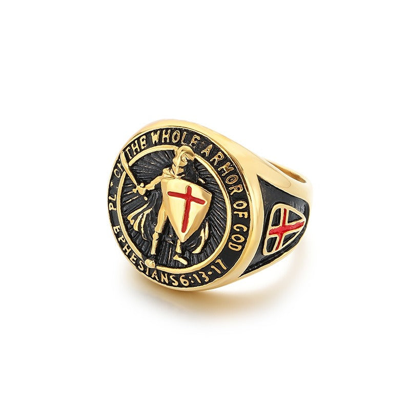 Anello con croce e scudo templare - Sigillo in acciaio inossidabile con armatura smaltata rossa | Gothic Street Faith KR112563