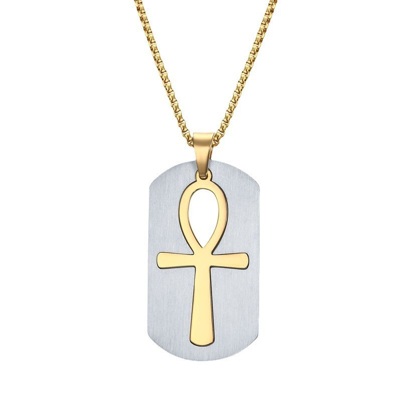 Collar con colgante de símbolo de vida Ankh de acero y titanio Kemstone - Diseño geométrico, joyería duradera para hombre PN-623