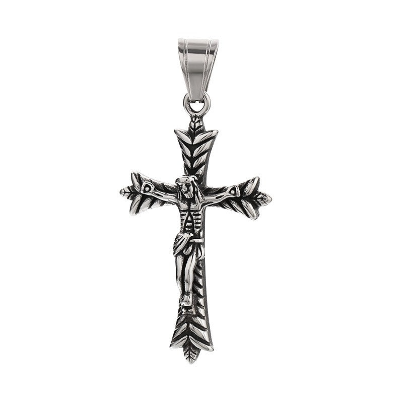 Kemstone Titanium Steel Punk Crown Cross Pendant – Vintage Hieroglyphic Engraved Necklace KP120067
