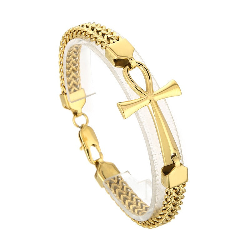 Kemstone Titanium Steel Rock 'n' Roll Dual-Weave Chain Bracelet with Vintage Cross Pendant KB164177-KFC