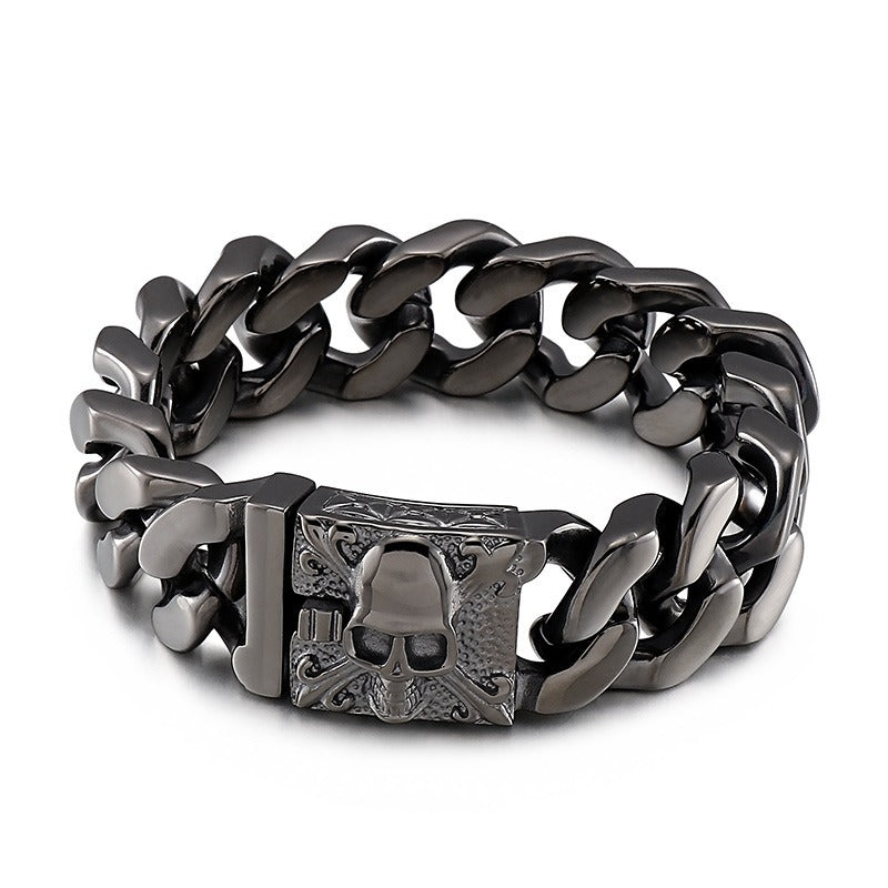 Kemstone Titanium Steel Skull Cuban Chain Bracelet – Bold Streetwear Men’s Accessory KB69725-BD