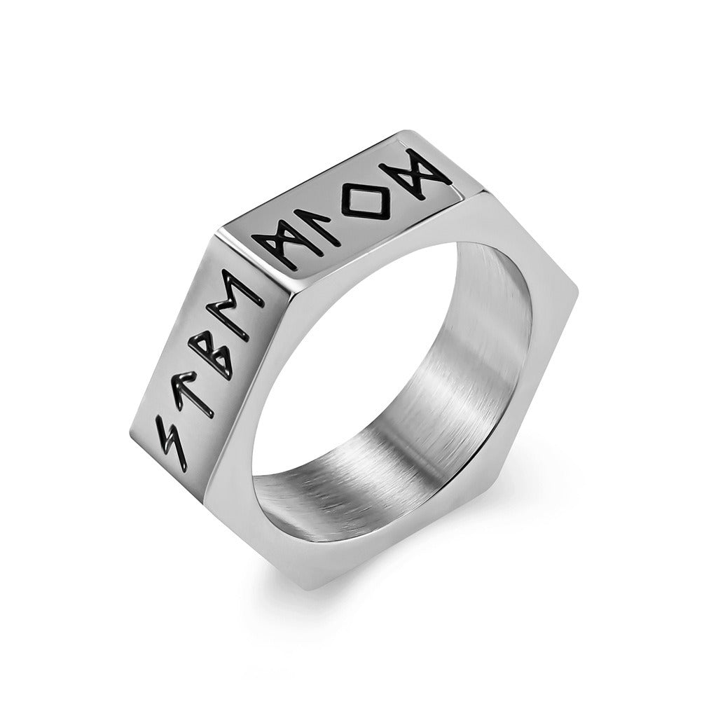Kemstone Titanium Steel Rune Ring – Nordic Viking Hex Nut Design K-R703
