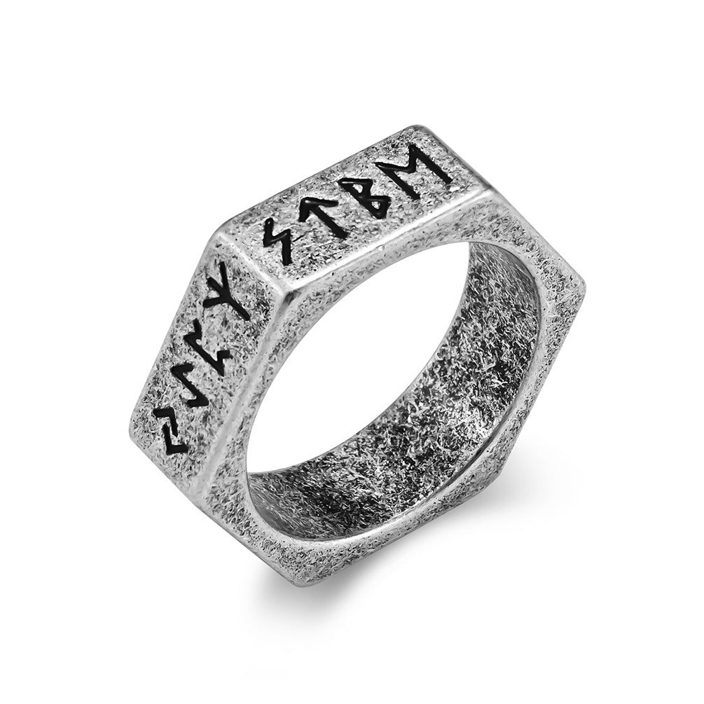 Kemstone Titanium Steel Rune Ring – Nordic Viking Hex Nut Design K-R703