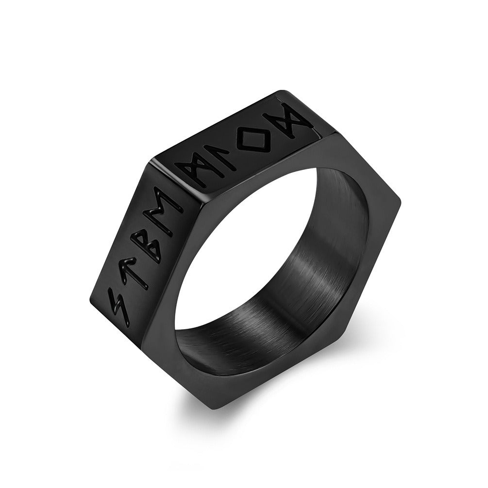 Kemstone Titanium Steel Rune Ring – Nordic Viking Hex Nut Design K-R703