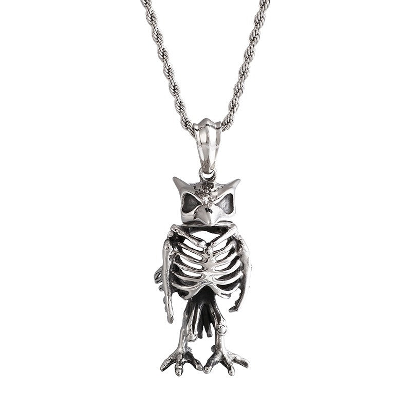 Kemstone Titanium Steel Owl Skeleton Necklace – Gothic Punk Jewelry for Men KP80011-BD