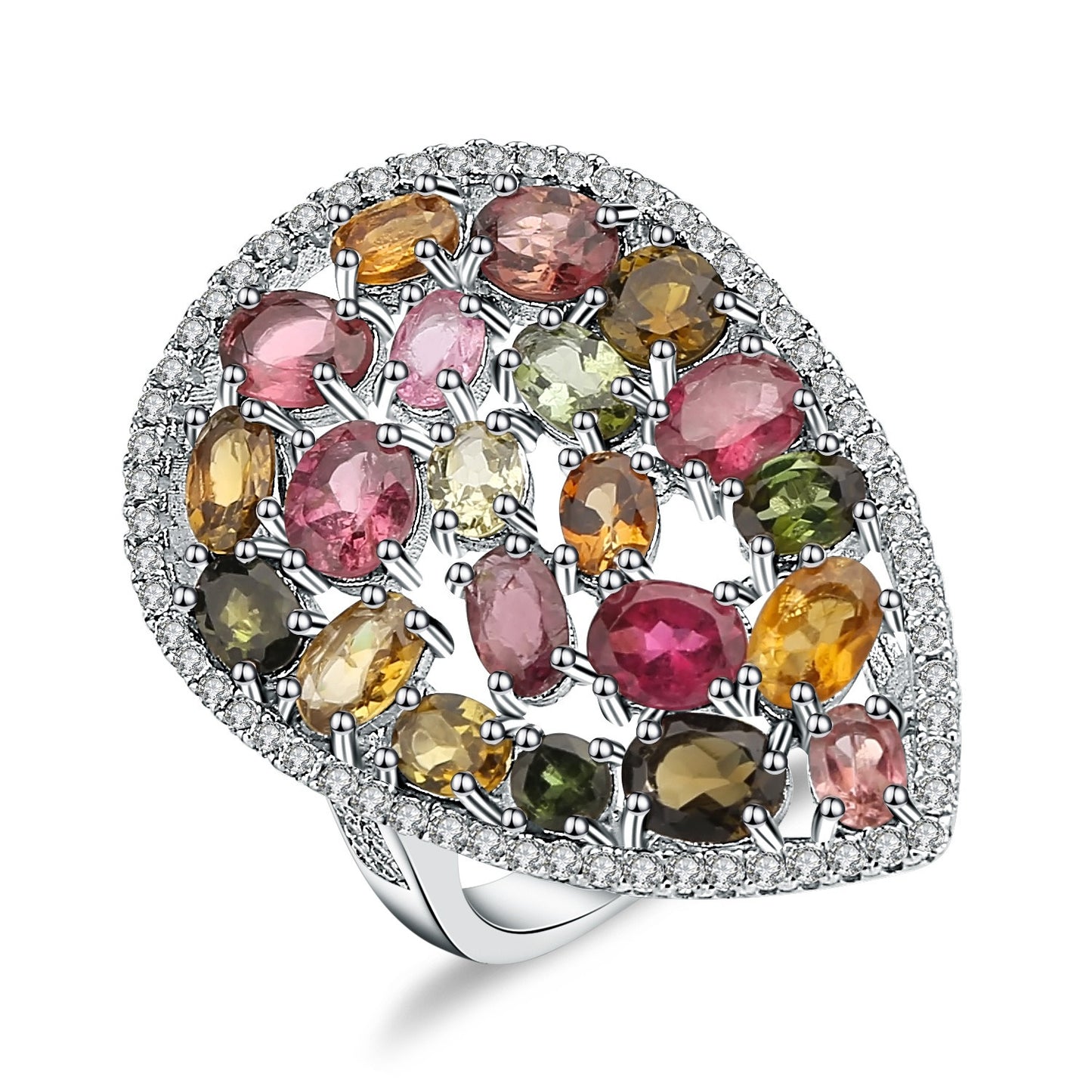 Anillo de turmalina natural con engaste de racimo de lujo, diseño original y artesanal de Kemstone
