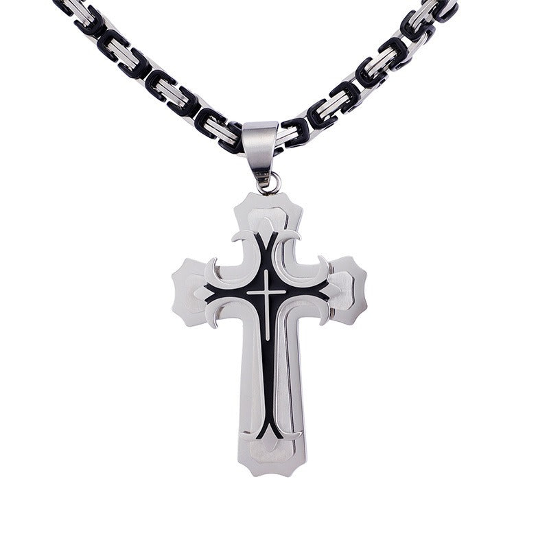 Kemstone Triple-Layer Gothic Cross Pendant Necklace – Stainless Steel Byzantine Chain KP78915