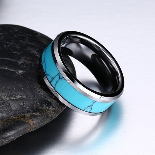 Kemstone Men’s Turquoise Inlay Tungsten Carbide Flat-Edge Ring TCR-023
