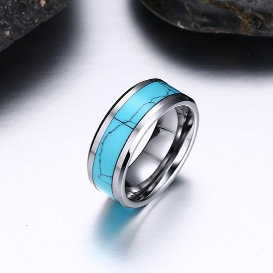 Kemstone Men’s Turquoise Inlay Tungsten Carbide Flat-Edge Ring TCR-023