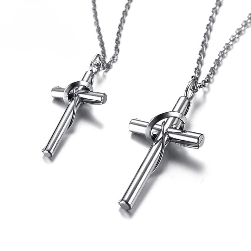 Conjunto de collar con cruz de acero inoxidable – Colgante de pareja con hoja retorcida CN-081