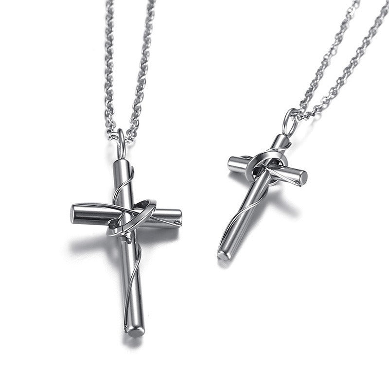 Conjunto de collar con cruz de acero inoxidable – Colgante de pareja con hoja retorcida CN-081