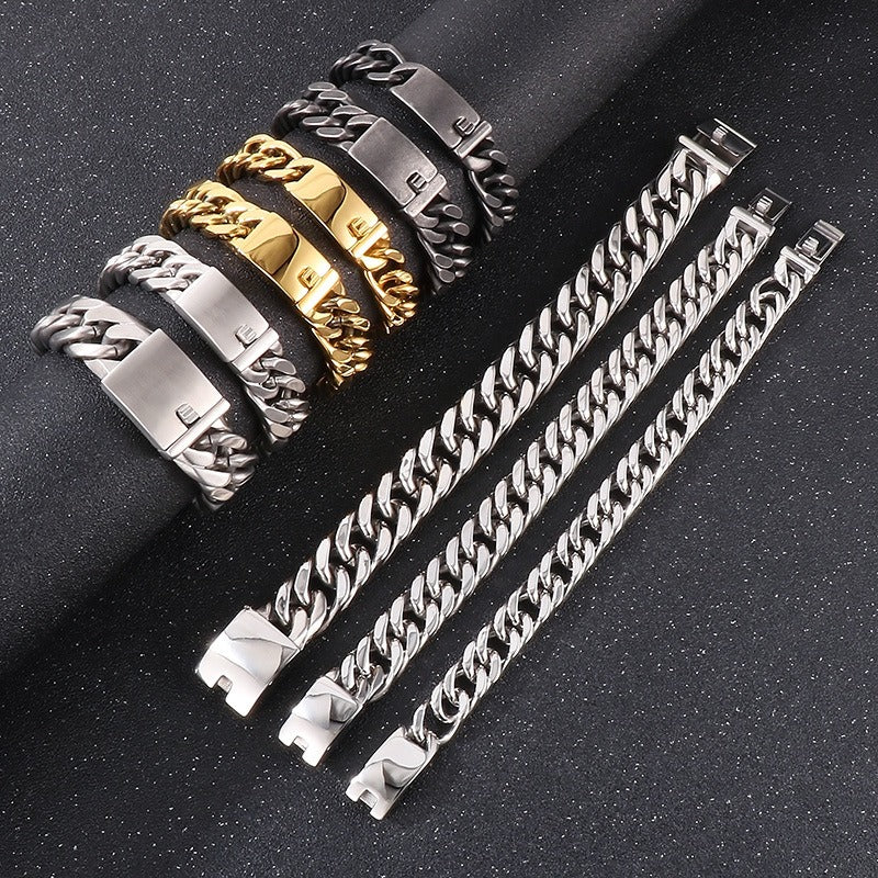 Kemstone Men’s Polished Cuban Chain Bracelet – 12mm/15mm Stainless Steel Urban Biker KB56160-D