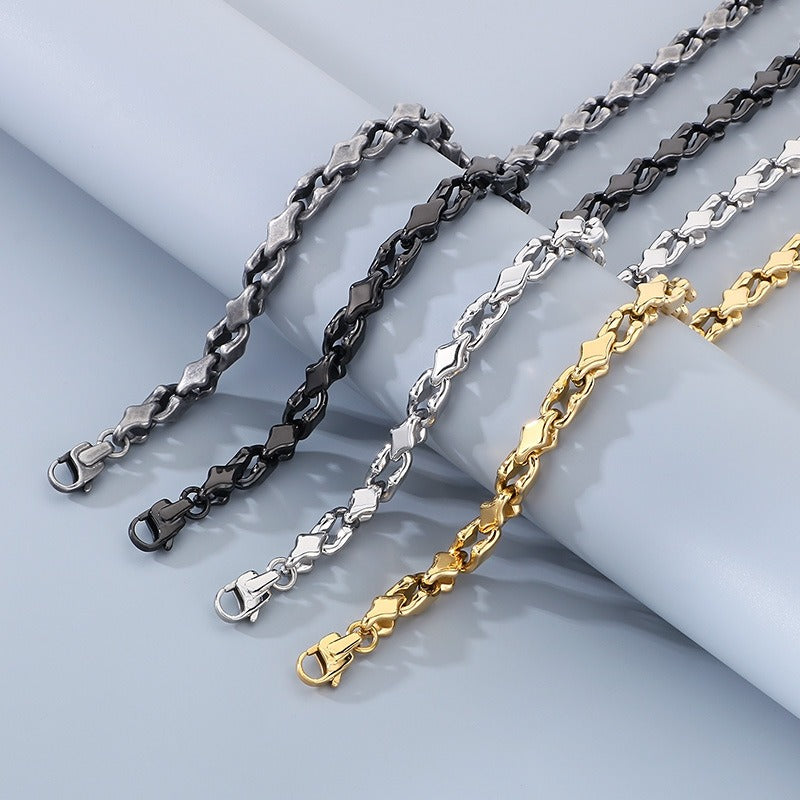 Kemstone Steel Link Jewelry Set – Men’s Hip-Hop Chain Necklace & Bracelet with Geometric Links