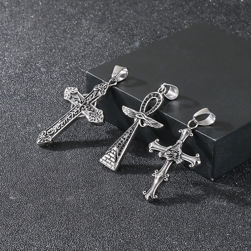Kemstone Men’s Titanium Steel Trident Cross Necklace – Viking Eye of Horus Pendant, Black Zircon KP116389 60CM
