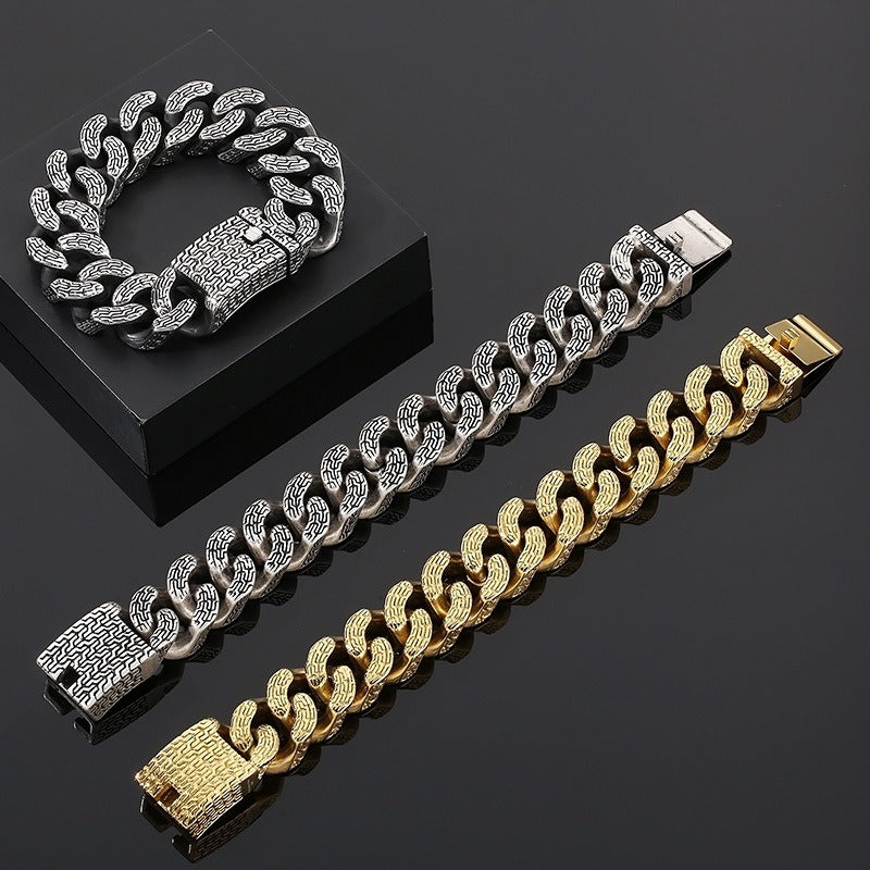 Kemstone Trident Textured Curb Chain Bracelet – Heavy Stainless Steel Viking Punk Streetwear KB179929