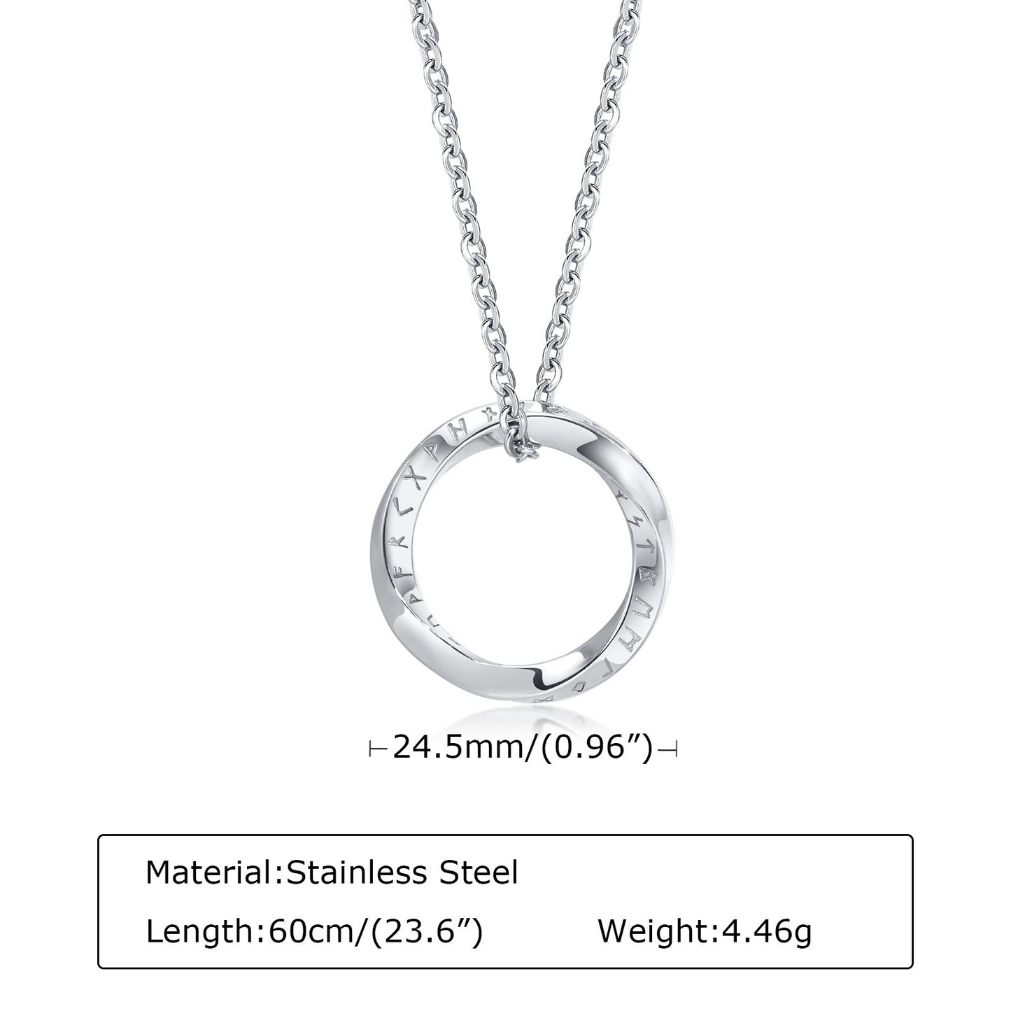 Kemstone Viking Rune Möbius Pendant Necklace – Stainless Steel Norse Circle Amulet PN-1708