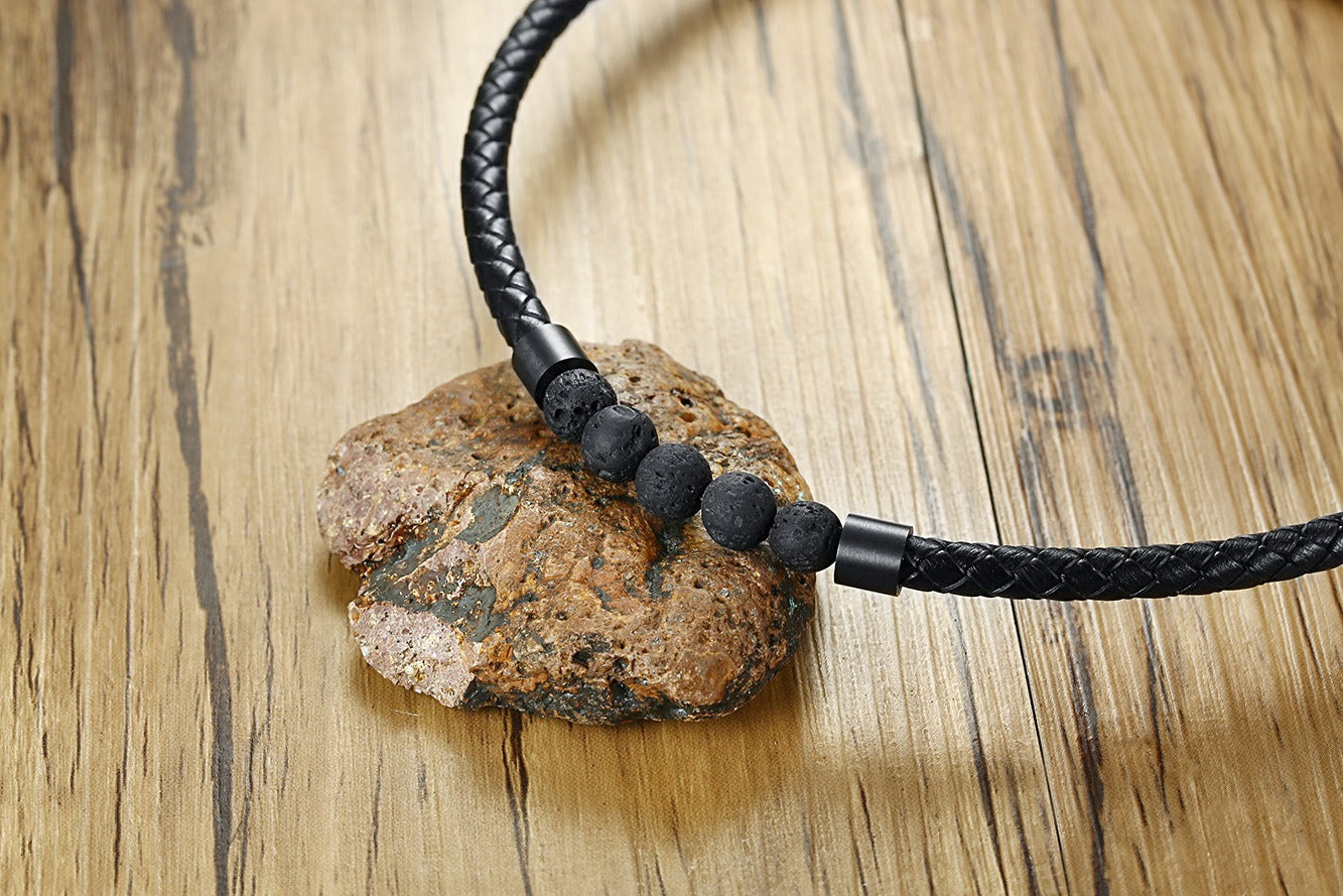 Kemstone Men’s Black Leather Choker Necklace – Lava Stone Beads & Magnetic Steel Clasp, Viking Style NC441