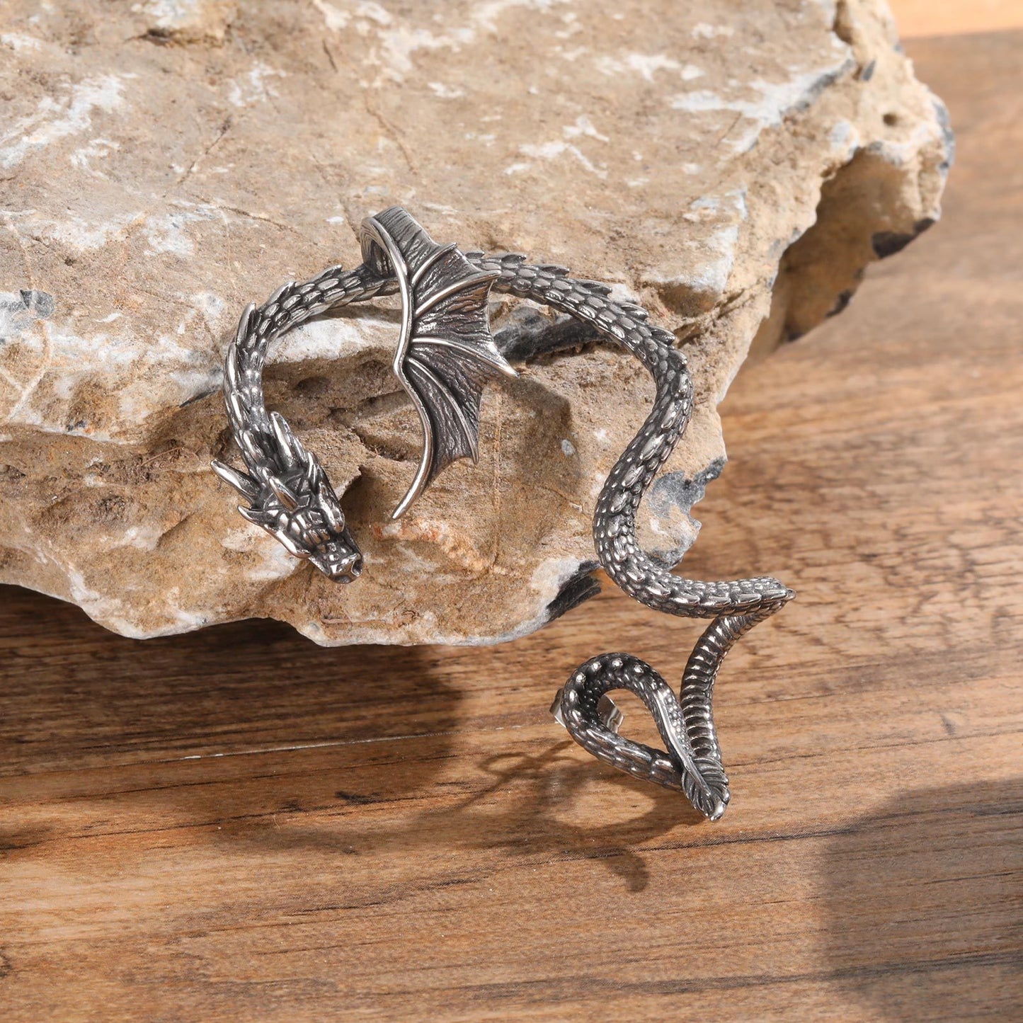 Kemstone Gothic Dragon Ear Cuff – Clip-On No Piercing Earring, Viking Snake Wrap Design for Men ED-786