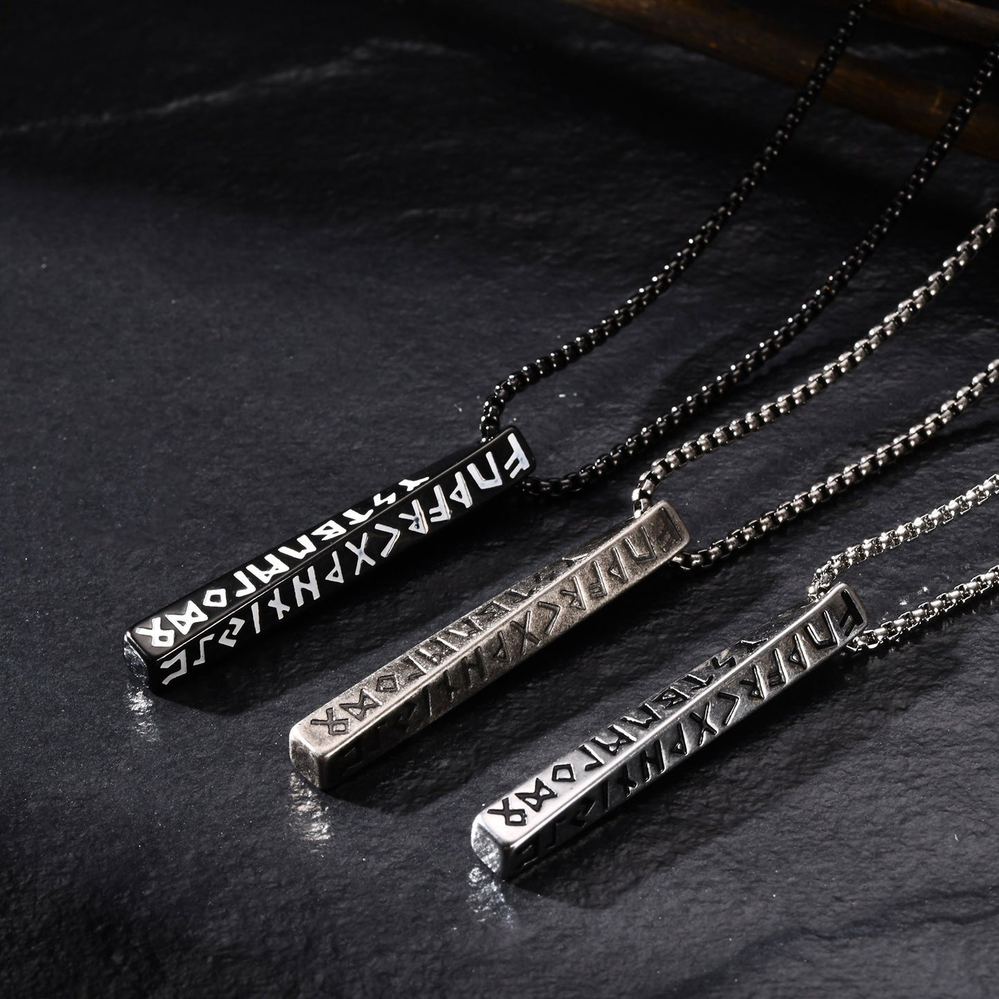 Kemstone Nordic Rune Bar Necklace – Stainless Steel Viking Pendant, Elder Futhark Engraving NC-1383