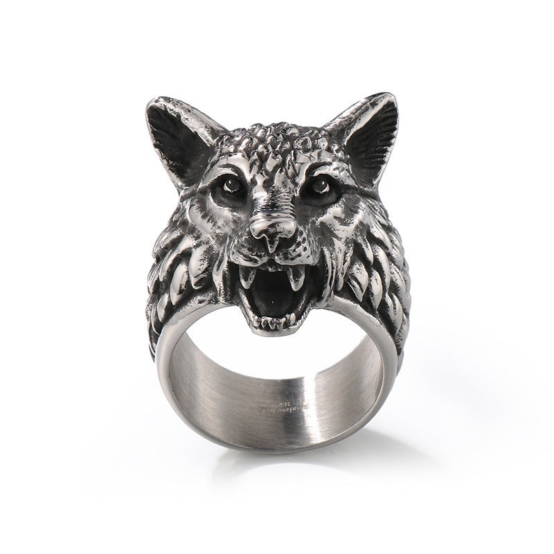 Kemstone Viking Wolf Head Ring – Distressed Stainless Steel Punk Men's Jewelry KR111182-KJX
