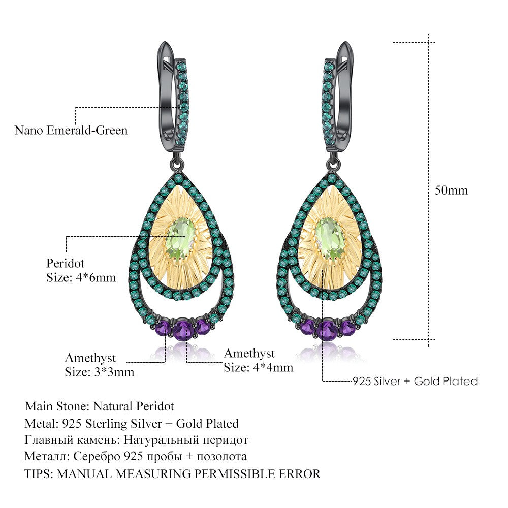 Pendientes de peridoto con diseño original de girasol, hechos a mano por Kemstone, plata de ley 925 con baño de oro, K24426E