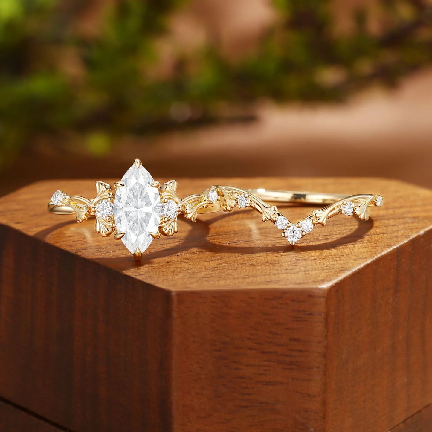 Kemstone Marquise Moissanite Floral Ring Set for Women – S925 Silver 18K Gold Plated Stackable Engagement Ring T7-YC0306RS