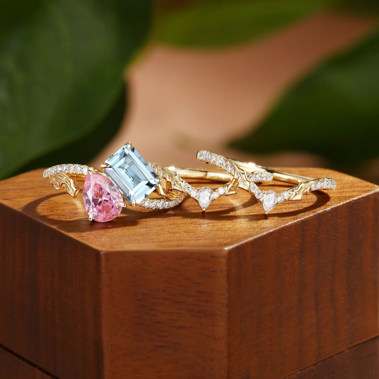Kemstone Pink Sapphire & Aquamarine Ring Set for Women – S925 Sterling Silver 18K Gold Plated Floral Stackable Ring T7-YC0302RS