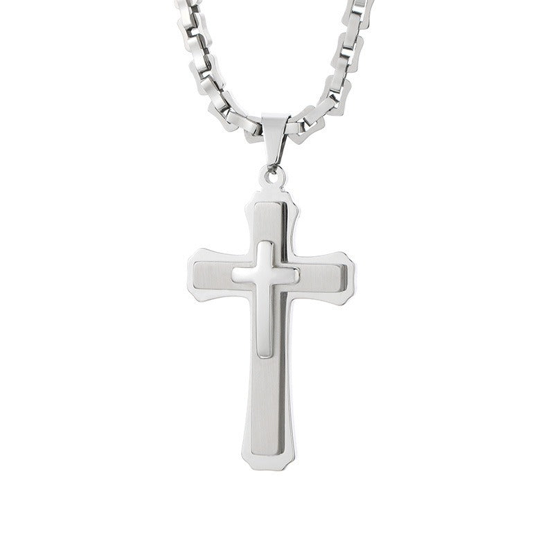 Kemstone Titanium Steel Vintage Bamboo Chain Necklace – Triple Cross Pendant for Men KN288587-K