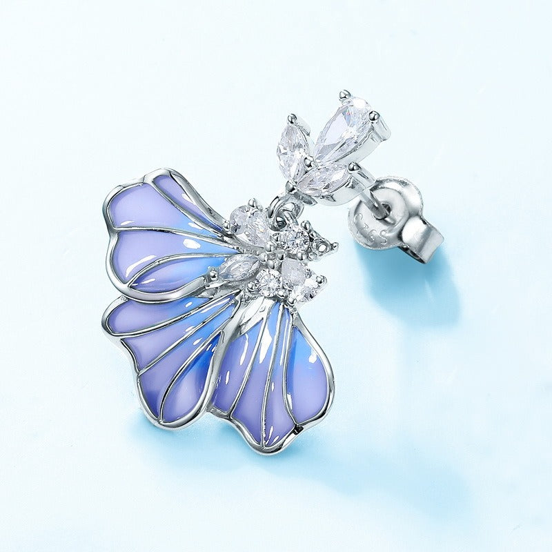Kemstone Handcrafted Blue Iris Enamel Stud Earrings – S925 Sterling Silver, White Gold Plated with Zirconia Accent