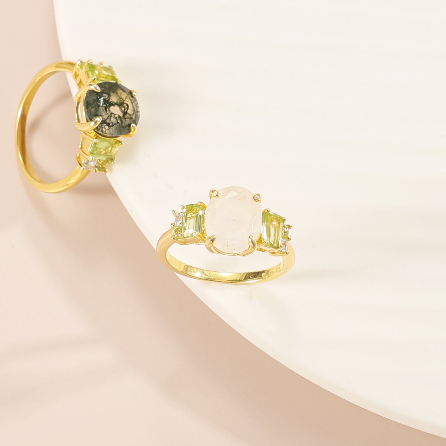 Kemstone Forest Echoes Ring – Moss Agate & Peridot Gemstones, 925 Sterling Silver with 18K Gold Plating, Vintage Botanical Design T7-OL1180R