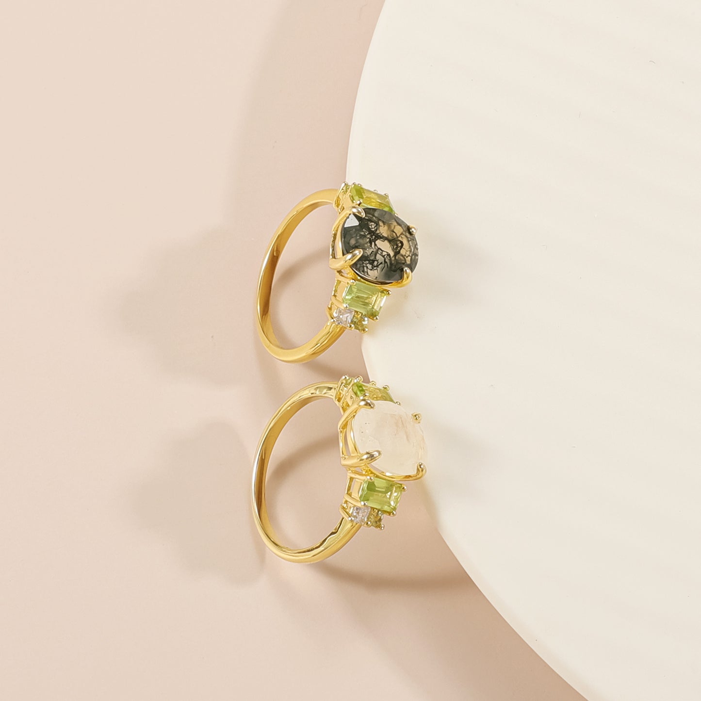 Kemstone Forest Echoes Ring – Moss Agate & Peridot Gemstones, 925 Sterling Silver with 18K Gold Plating, Vintage Botanical Design T7-OL1180R